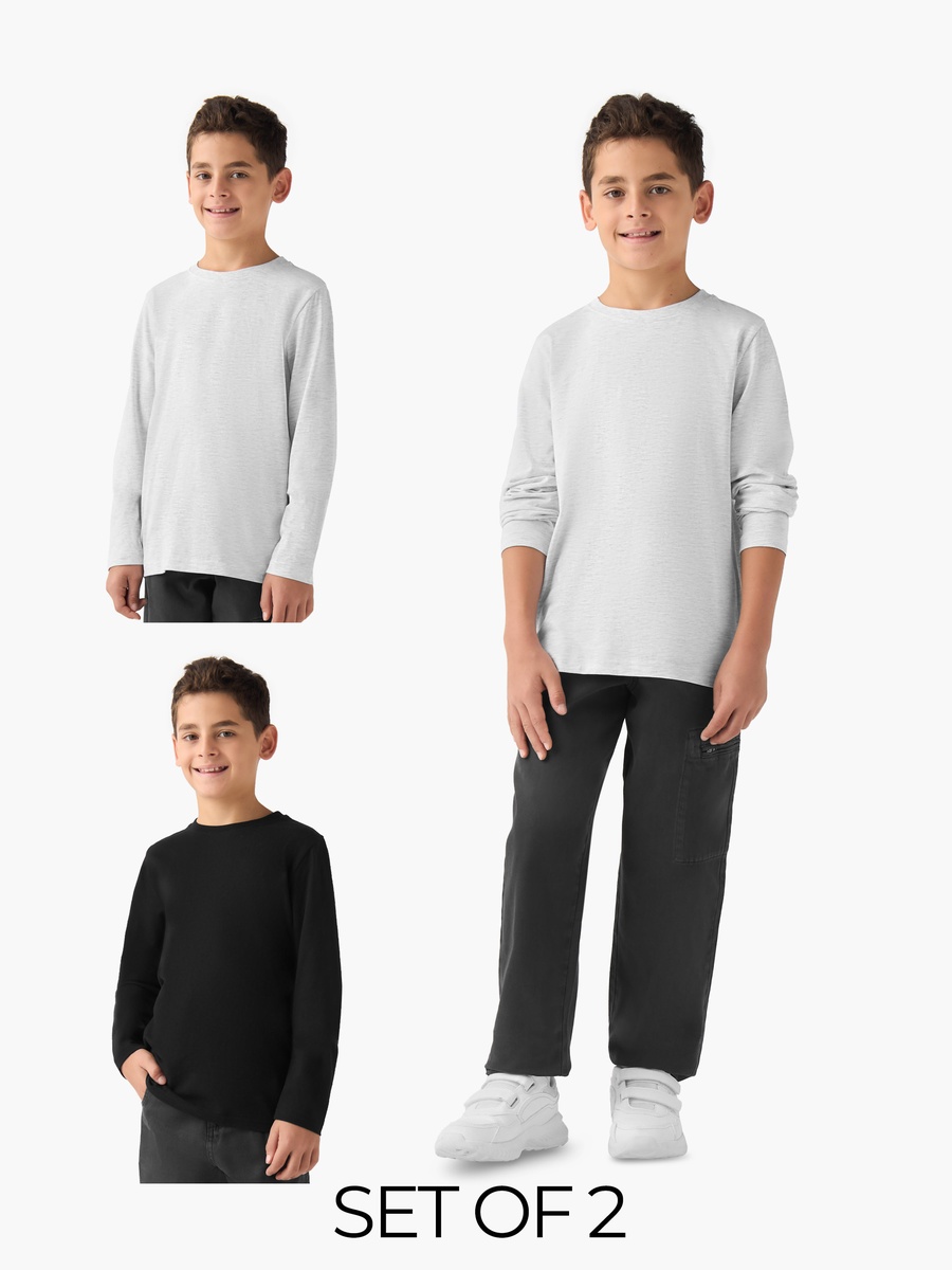Crew Neck Cotton T-Shirt with Long Sleeve - Set of 2