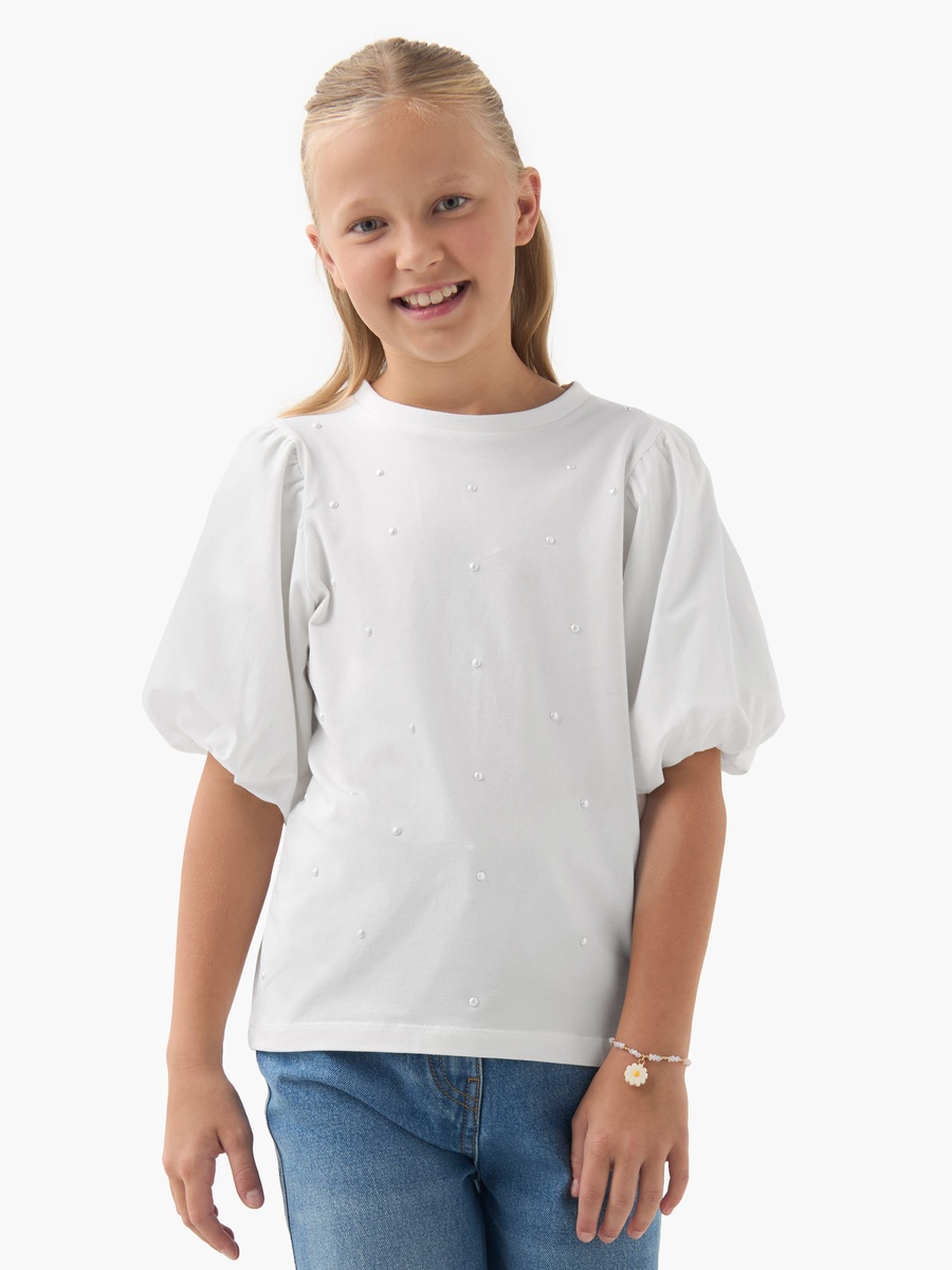 Crew Neck Top with Pearl Embellishment and Short Sleeve