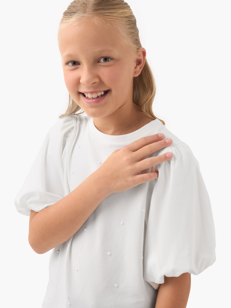 Crew Neck Top with Pearl Embellishment and Short Sleeve