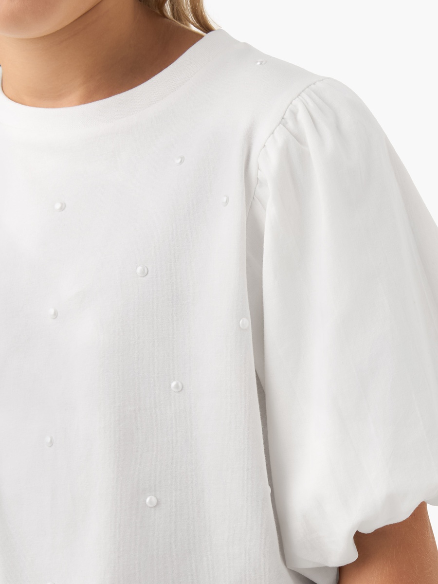 Crew Neck Top with Pearl Embellishment and Short Sleeve