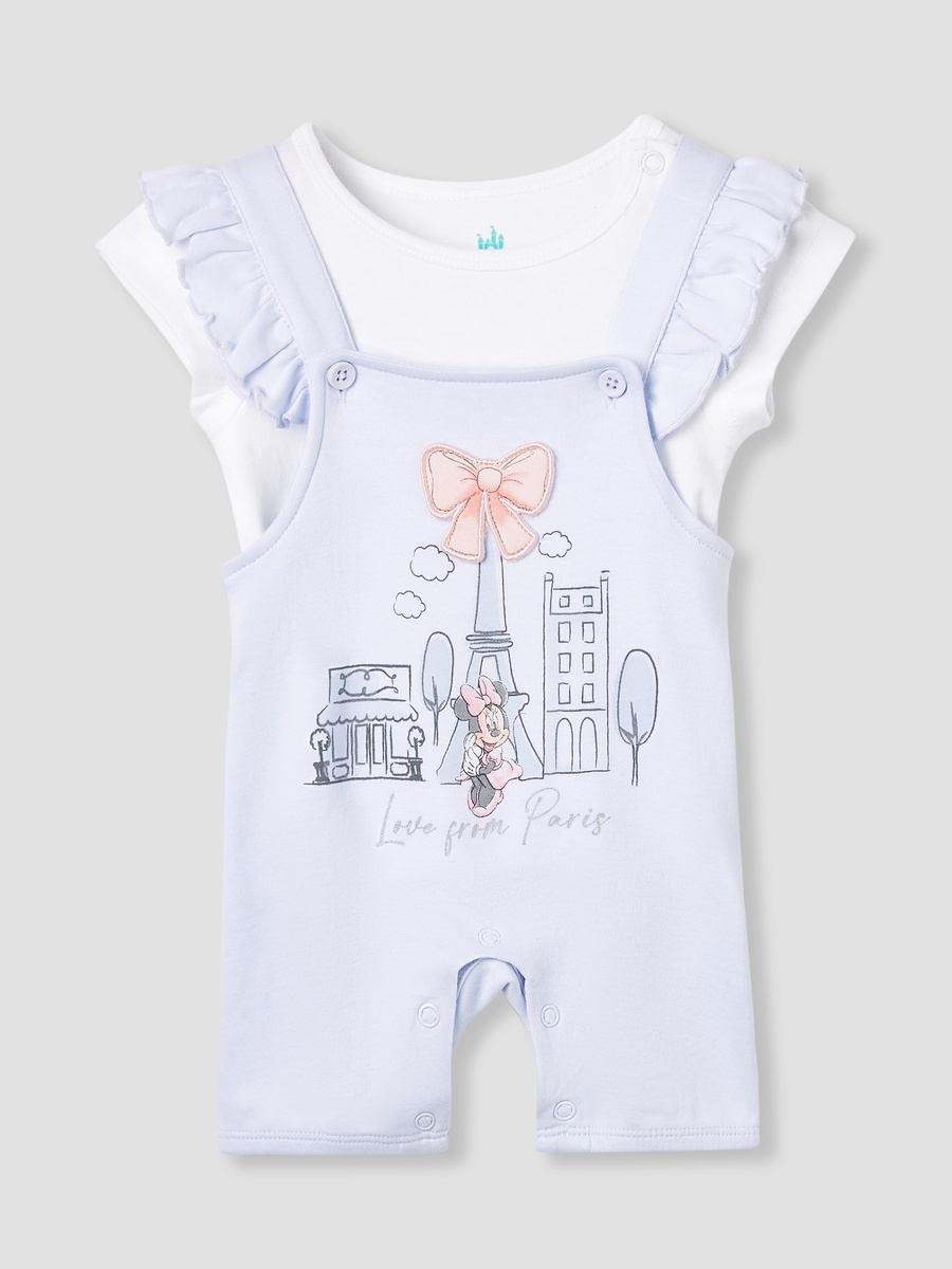 Minnie Mouse Print Dungaree and Solid Top Set