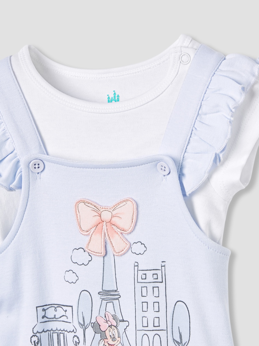 Minnie Mouse Print Dungaree and Solid Top Set