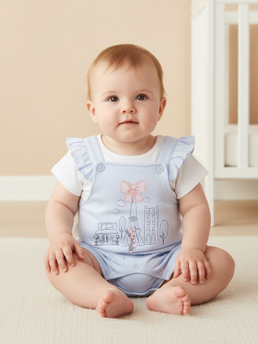 Minnie Mouse Print Dungaree and Solid Top Set