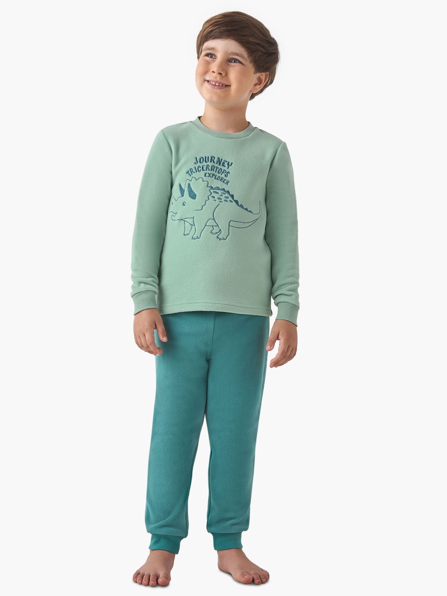 Pyjama Set with Dinosaur Embroidery - Polyester - Long Sleeves - Crew Neck
