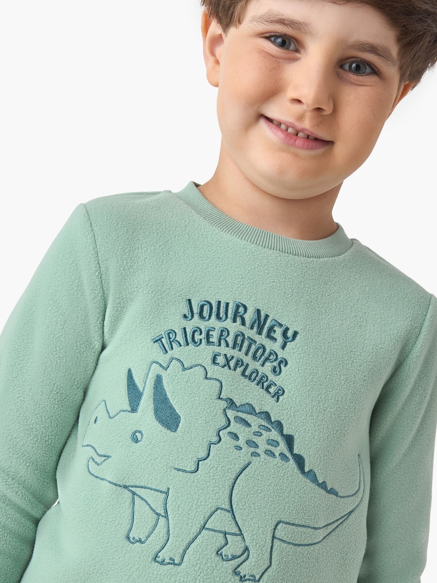 Pyjama Set with Dinosaur Embroidery - Polyester - Long Sleeves - Crew Neck