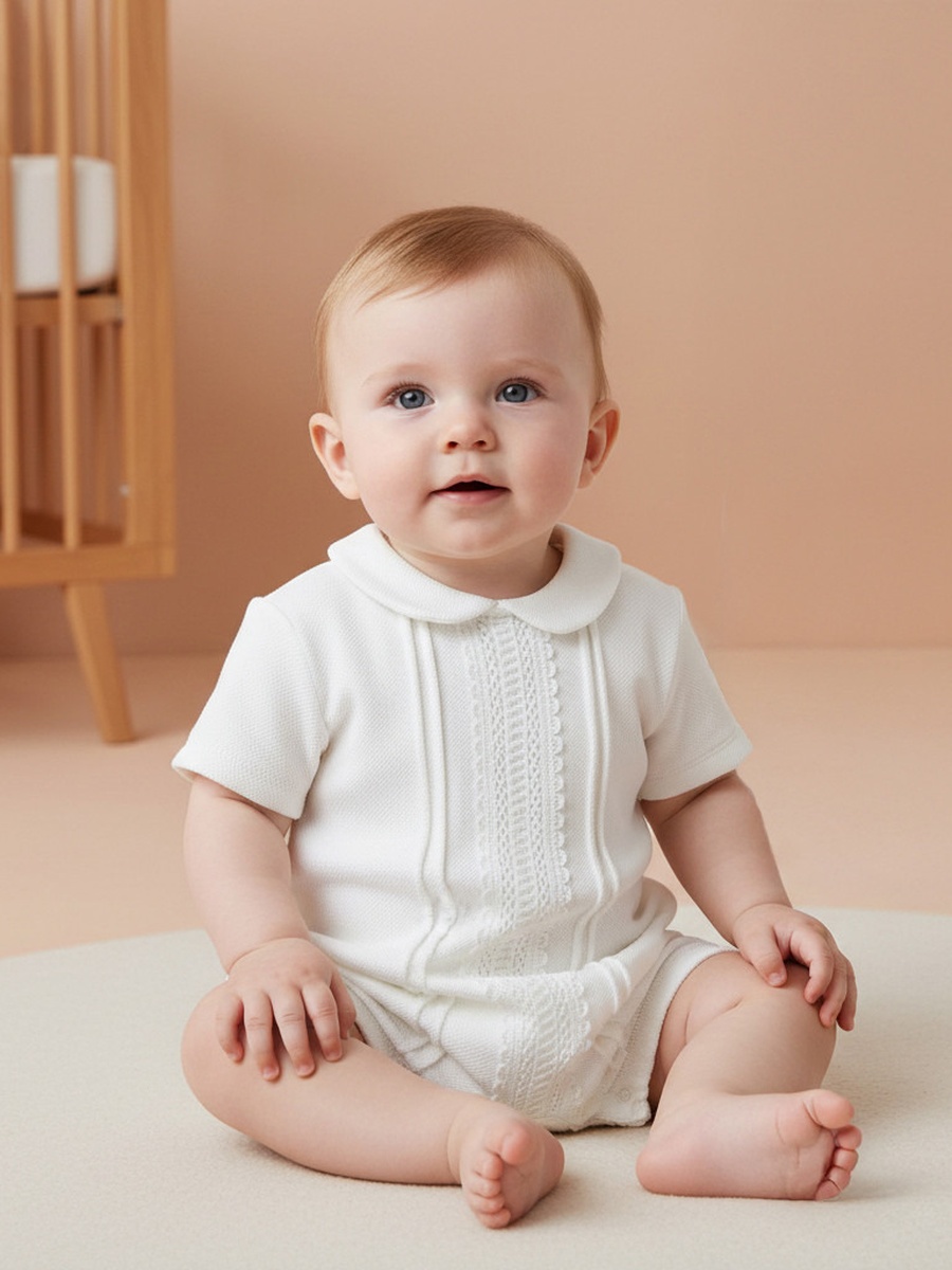 Lace Trim Collared Romper with Short Sleeves