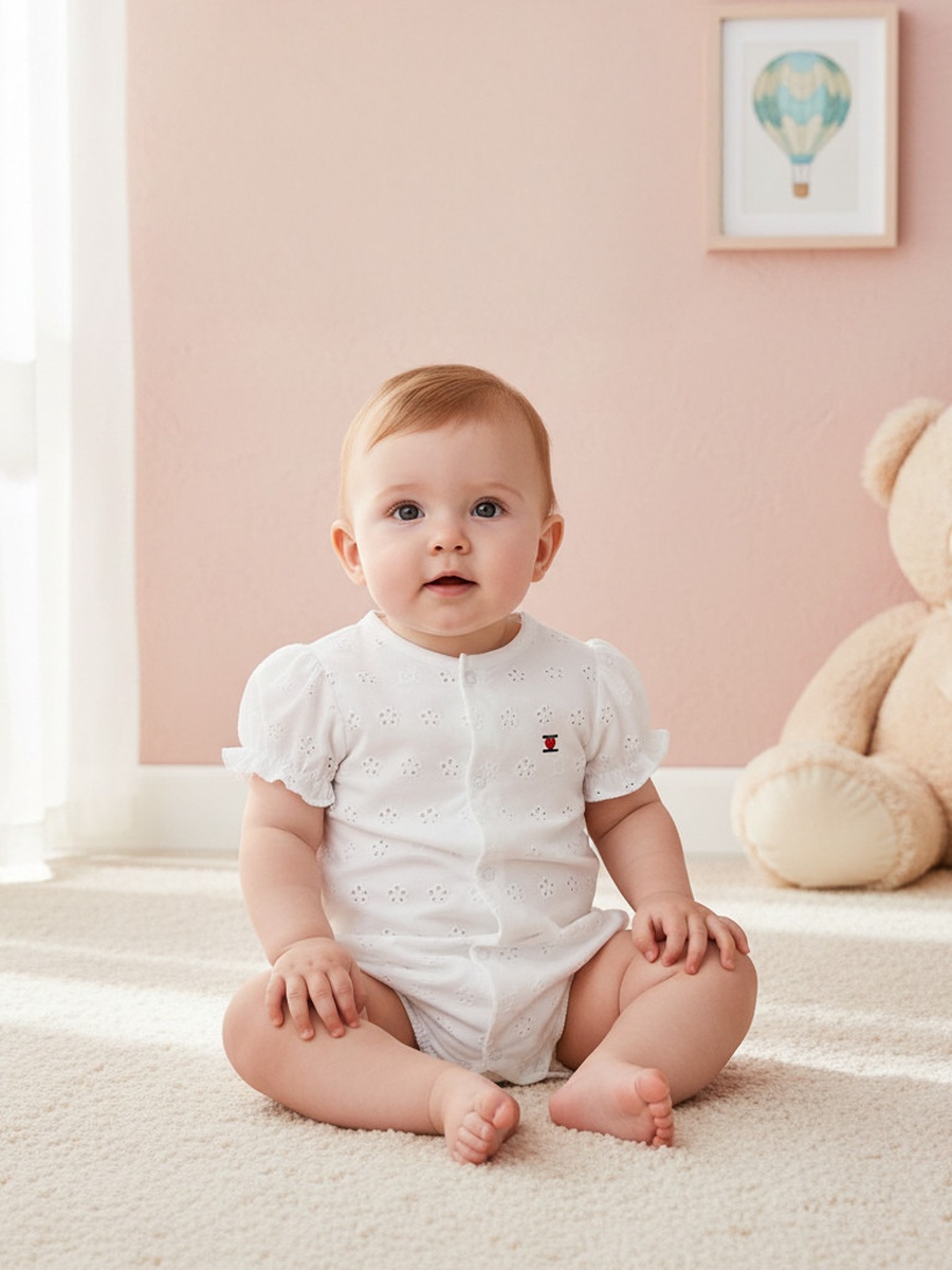 Schiffli Textured Romper with Puff Sleeves
