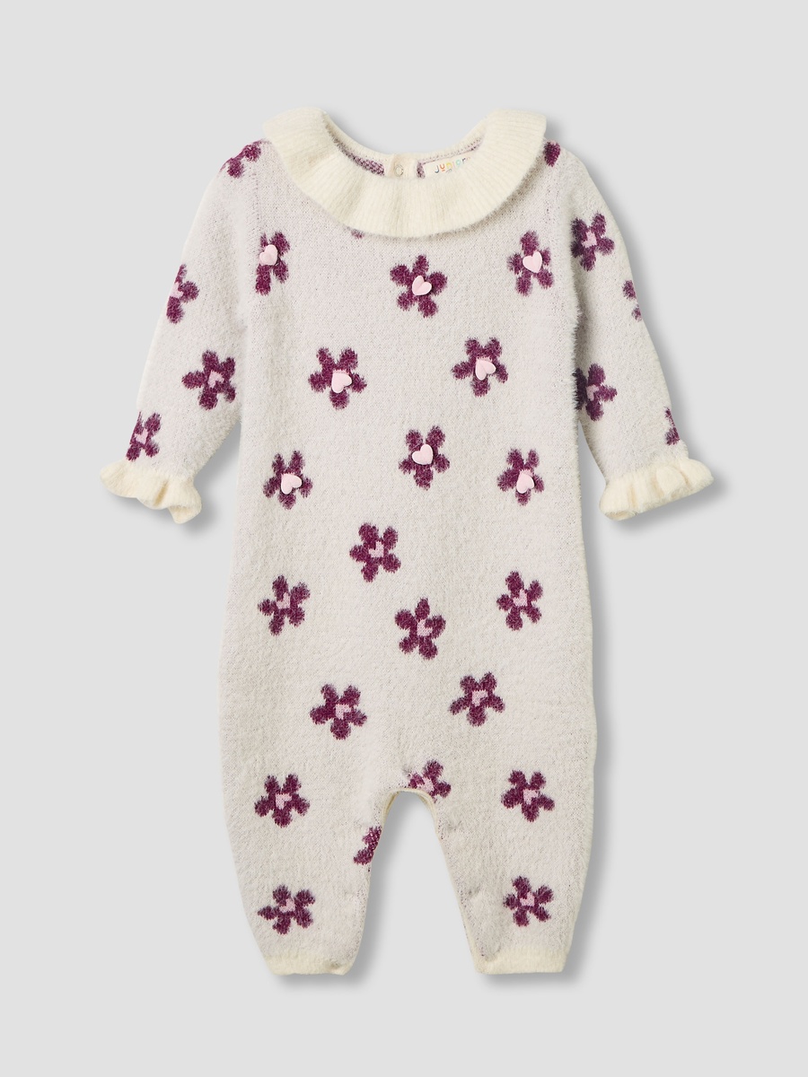 Round Neck Romper with Snap Button Closure and Long Sleeve