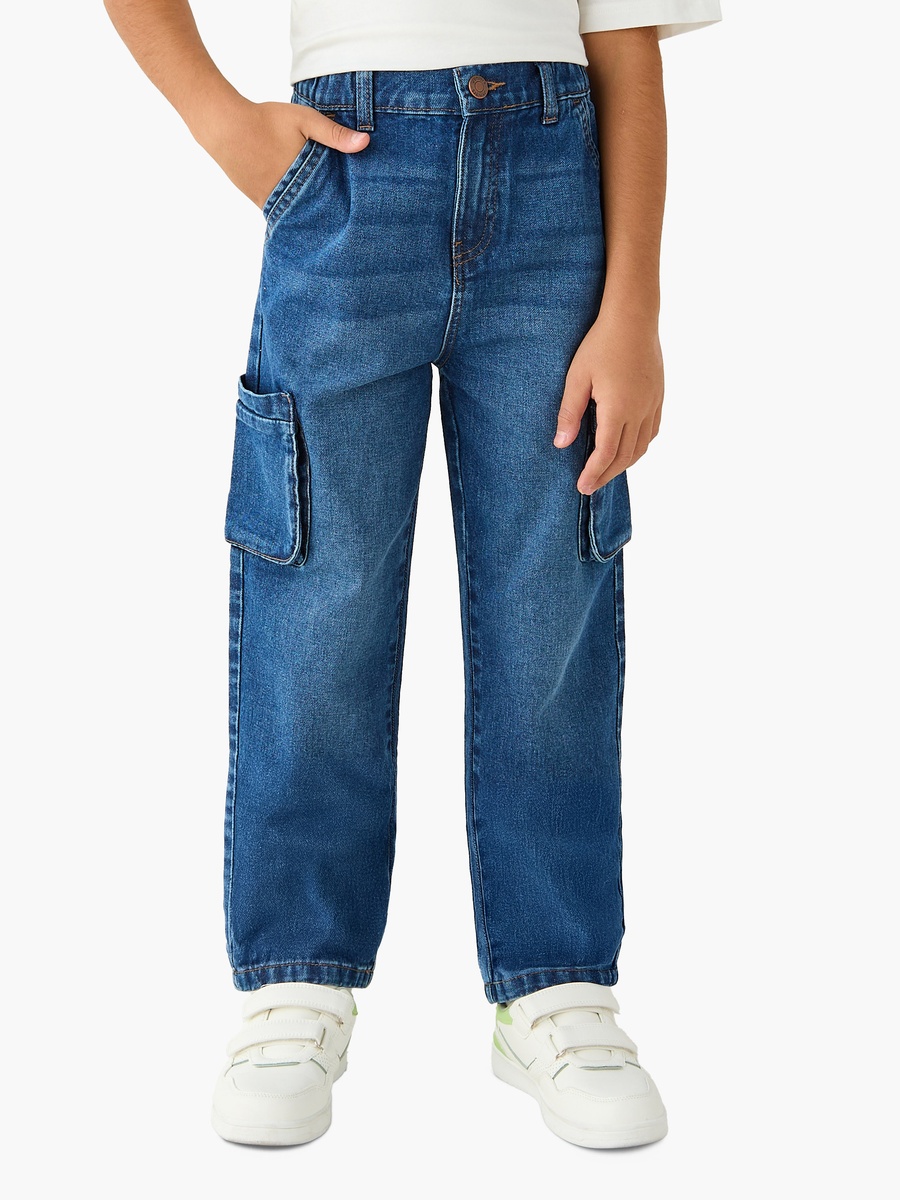 Denim Button Waist Cargo Jeans