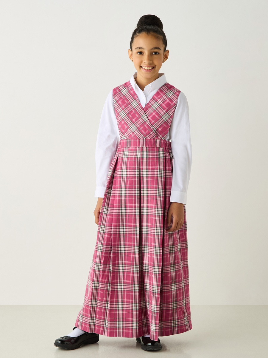 Checked Sleeveless Pinafore Dress with V Neck