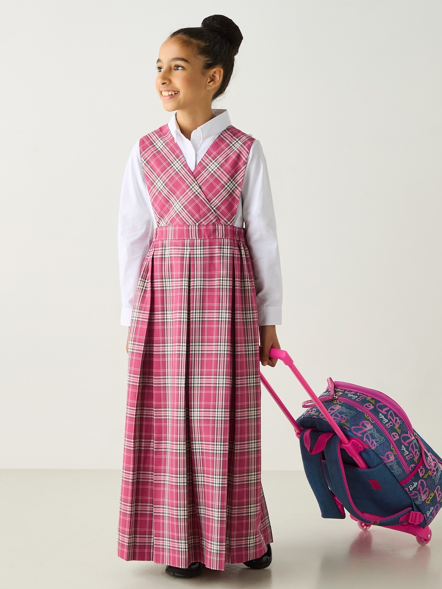 Checked Sleeveless Pinafore Dress with V Neck