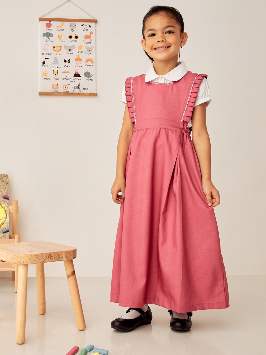 Solid Square Neck Pinafore with Checked and Pleated Trims