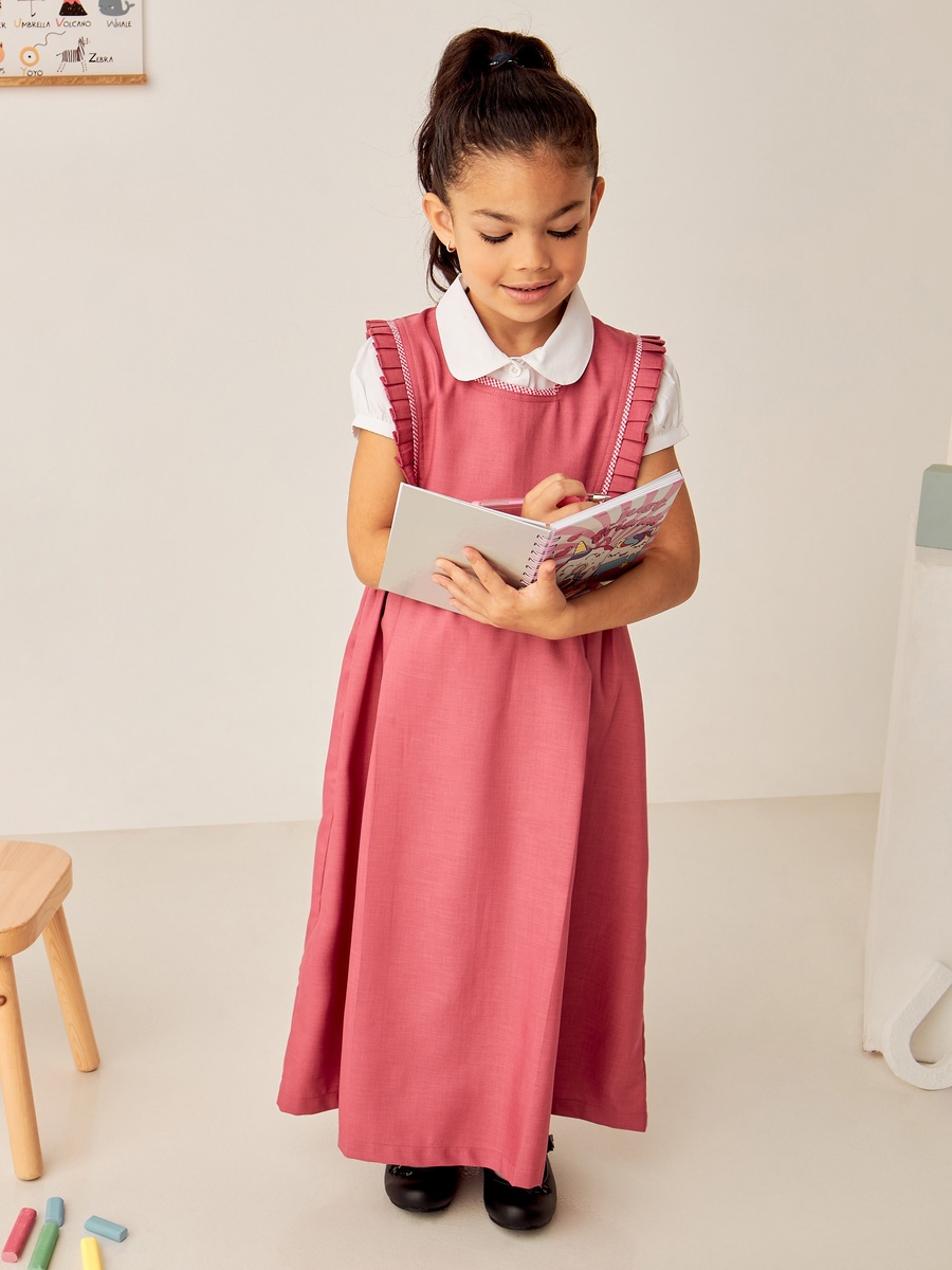 Solid Square Neck Pinafore with Checked and Pleated Trims