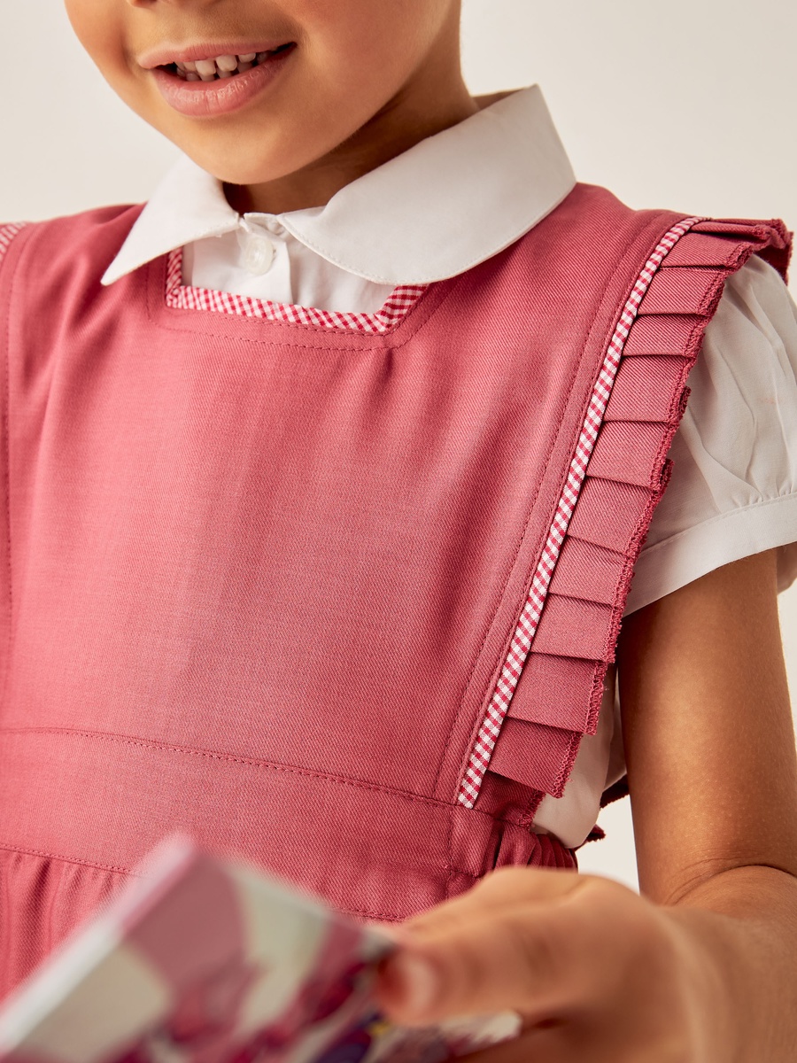 Solid Square Neck Pinafore with Checked and Pleated Trims