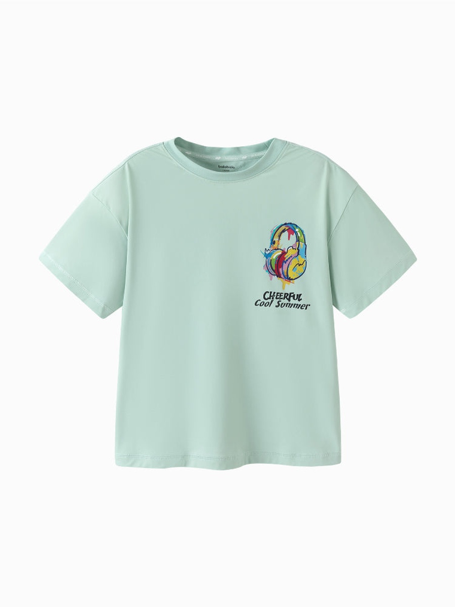 Short Sleeve T-Shirt - Textured Fabric with Front Print and Crew Neck
