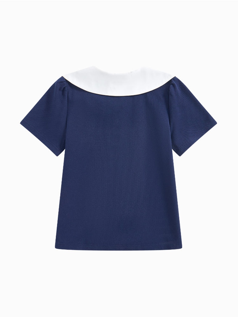 Short Sleeve T-Shirt with Embroidery and Wide Bib Collar