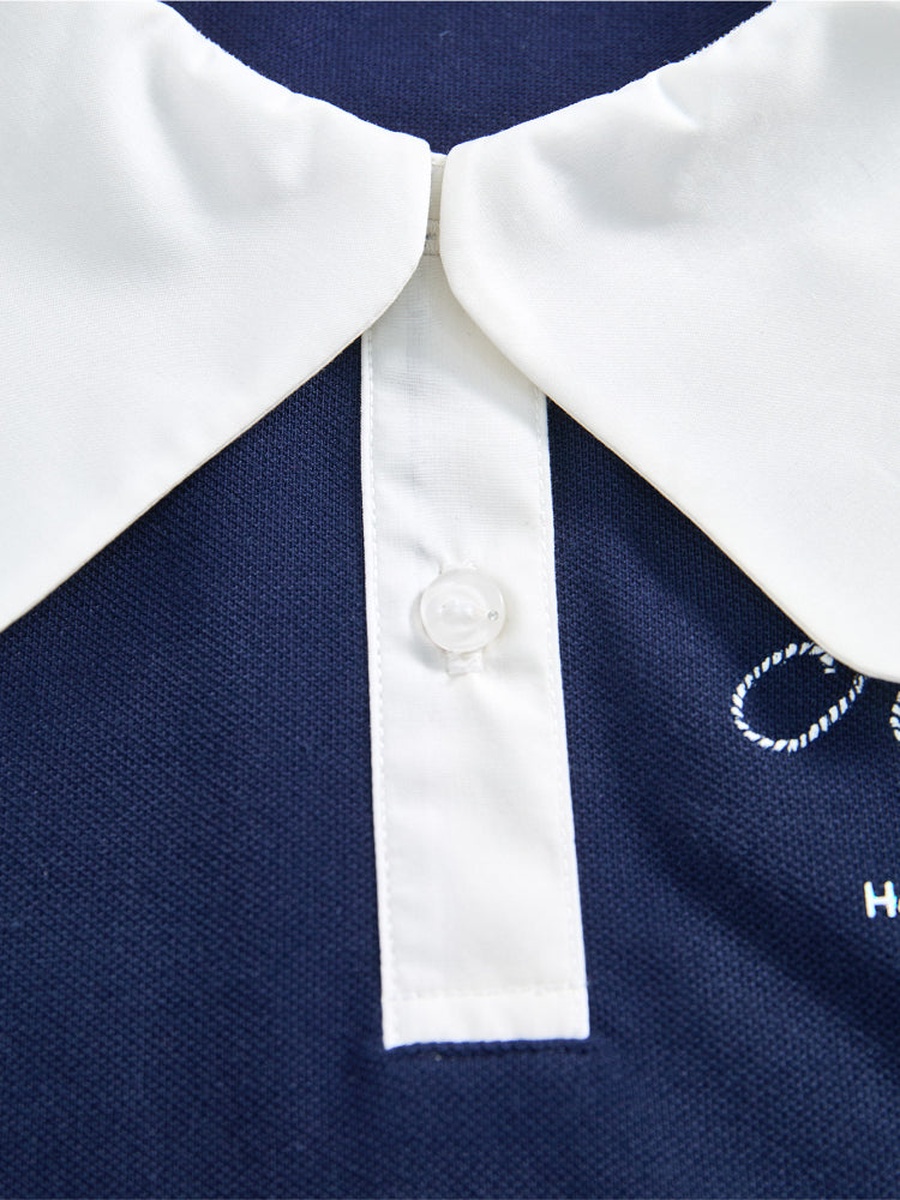 Short Sleeve T-Shirt with Embroidery and Wide Bib Collar