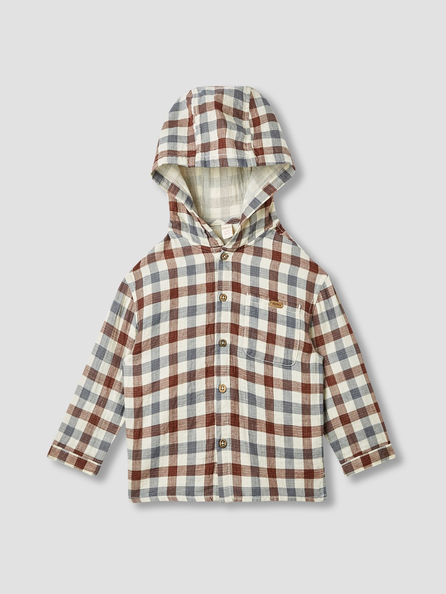 Checked Hooded Shirt with Long Sleeves