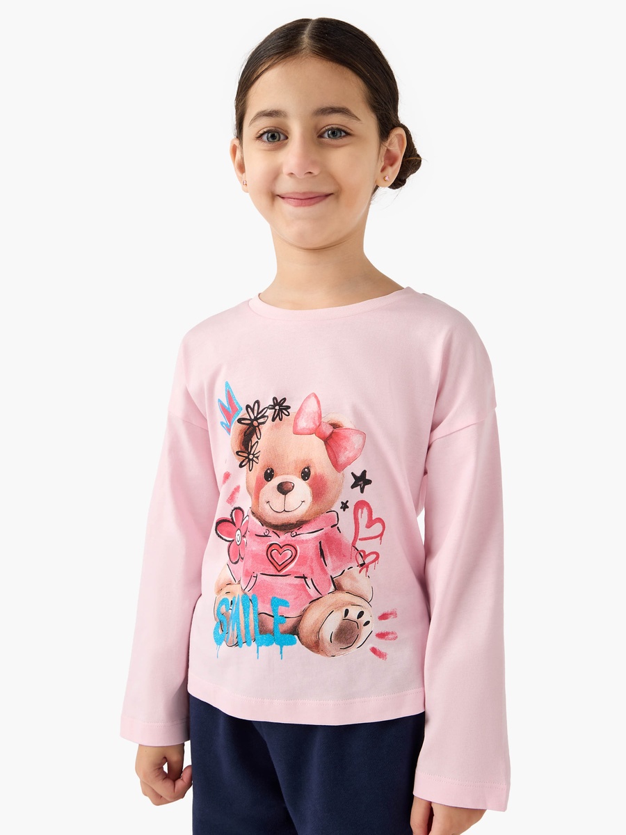 Teddy Bear Print T-Shirt with Long Sleeves