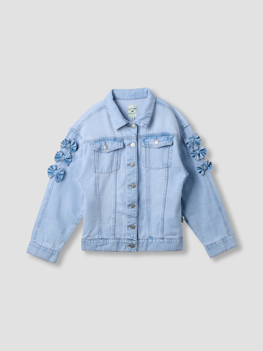 Bow Accent Denim Jacket with Long Sleeves