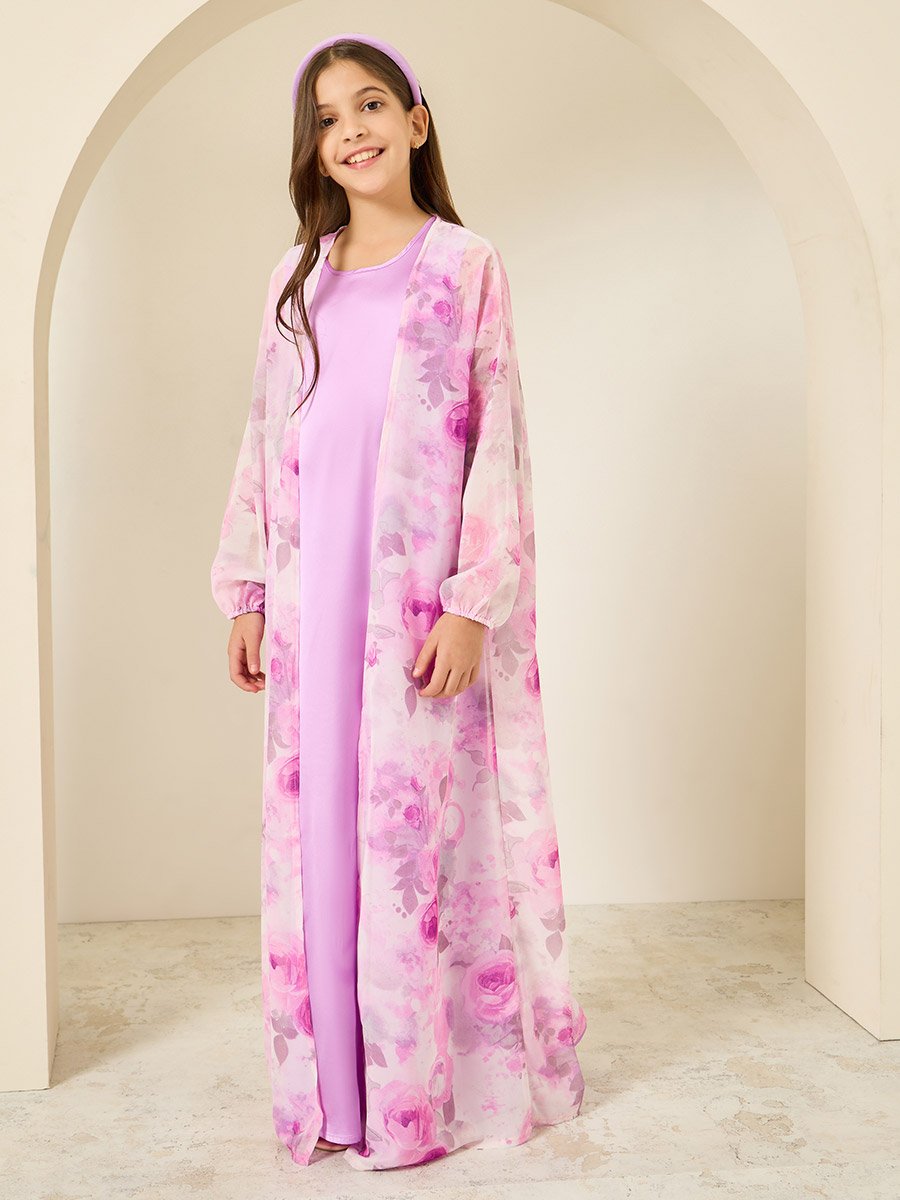 Girls Lilac Printed Abaya with Inner Dress