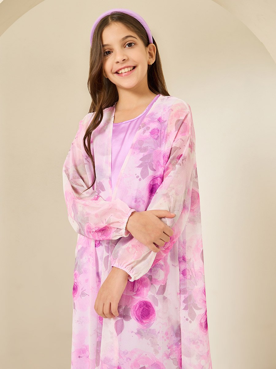 Girls Lilac Printed Abaya with Inner Dress