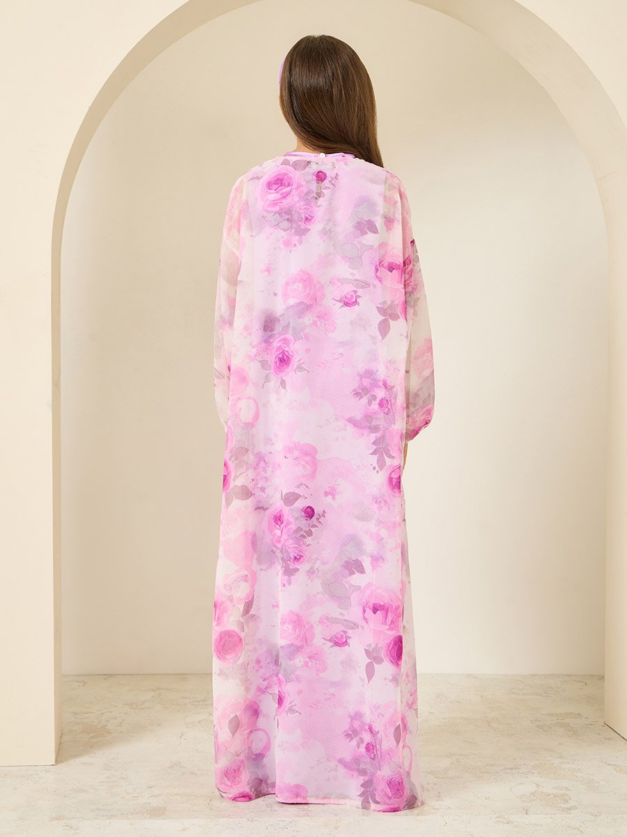 Girls Lilac Printed Abaya with Inner Dress
