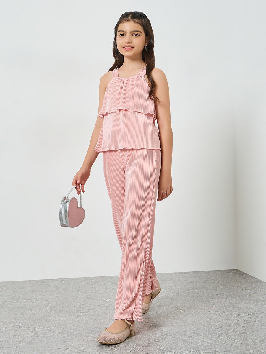 Teen Girls Plisse Layered Top and Pants Set
