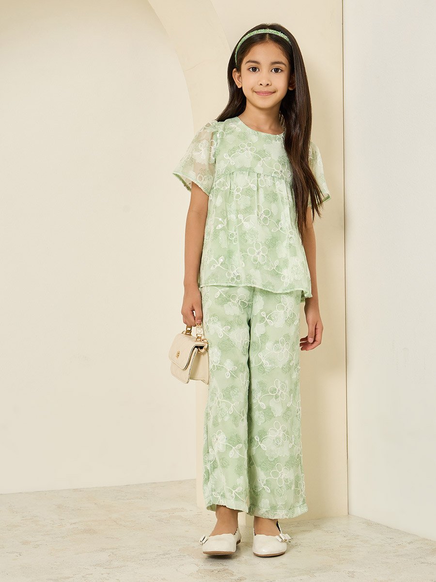 Girls Green Floral Embroidered Wide Leg Pants
