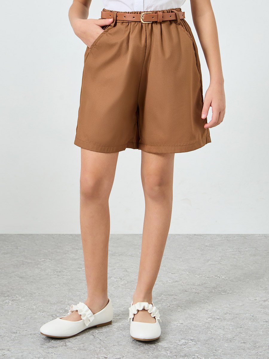 Girls Brown Woven Shorts with Belt