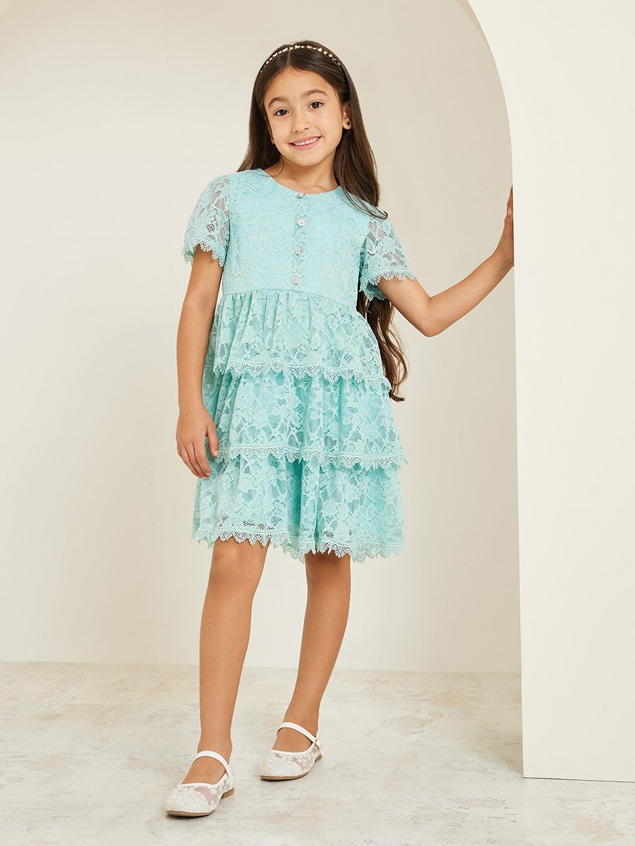 Girls Mint Green Tiered Lace Dress For Kids at UAE | Styli Girls Mint Green Tiered Lace Dress For Kids at UAE | Styli