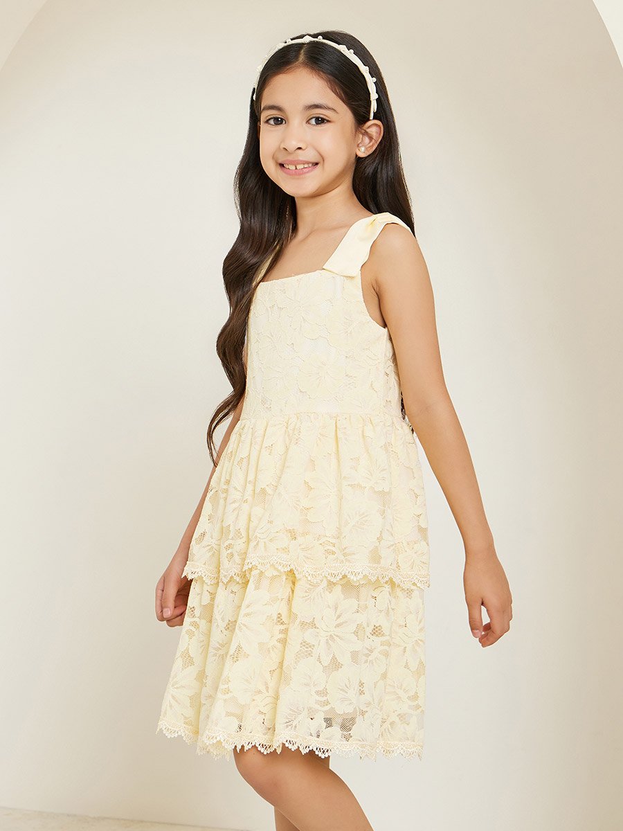 Girls Yellow Strappy Lace Tiered Dress