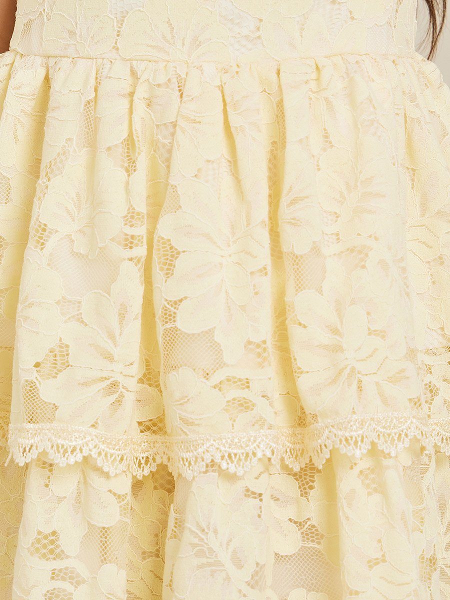 Girls Yellow Strappy Lace Tiered Dress