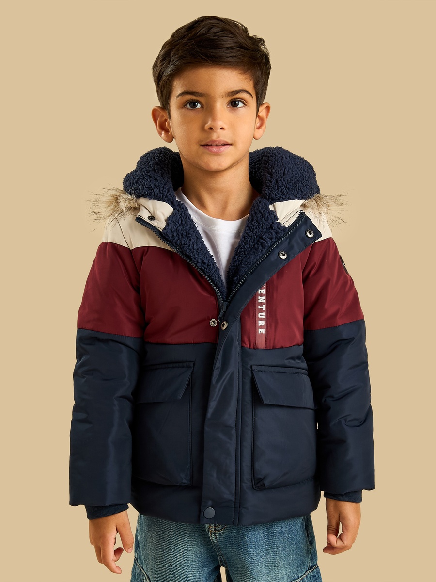 Colourblock Parka Jacket with Fleece Hood
