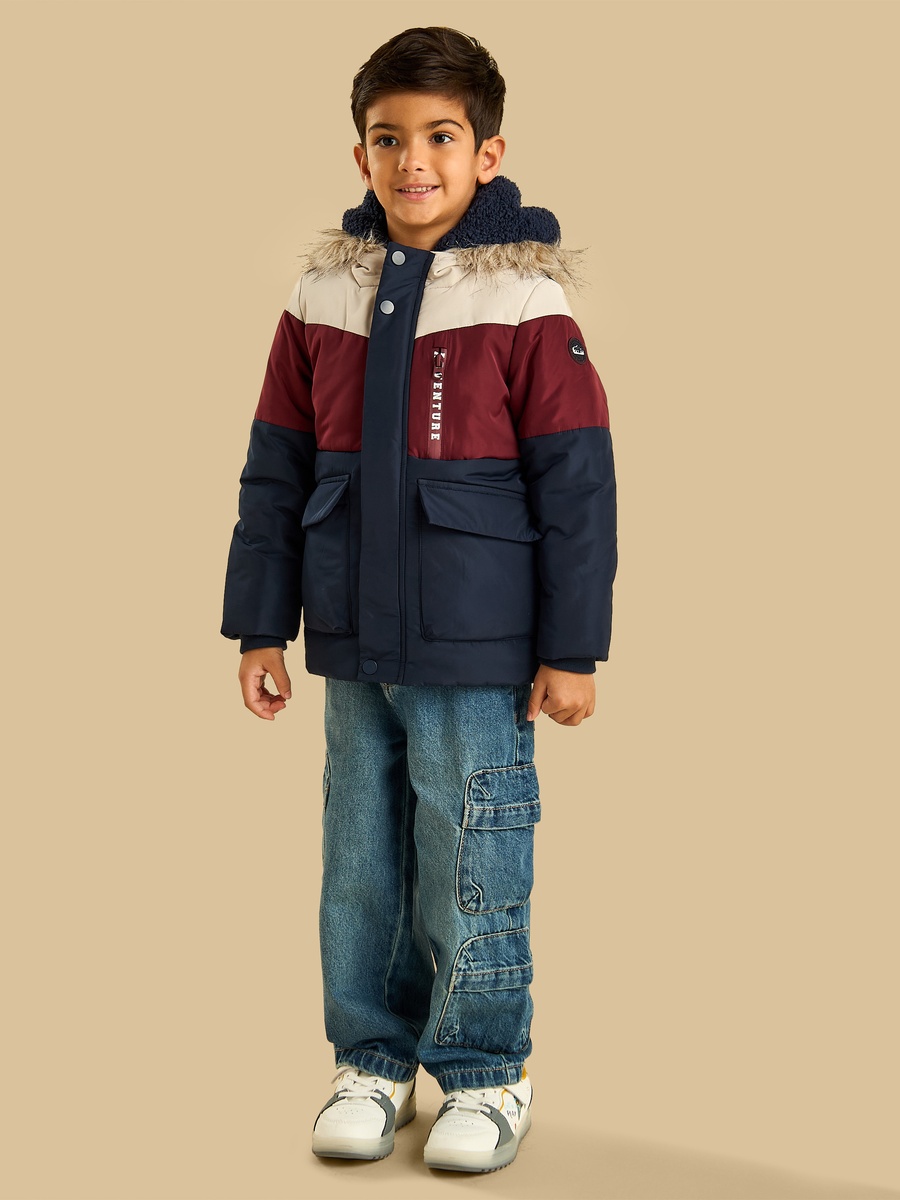 Colourblock Parka Jacket with Fleece Hood