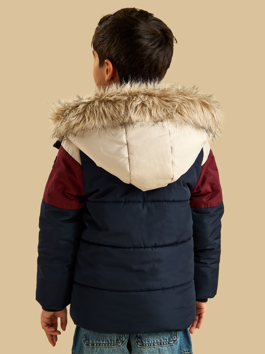 Colourblock Parka Jacket with Fleece Hood