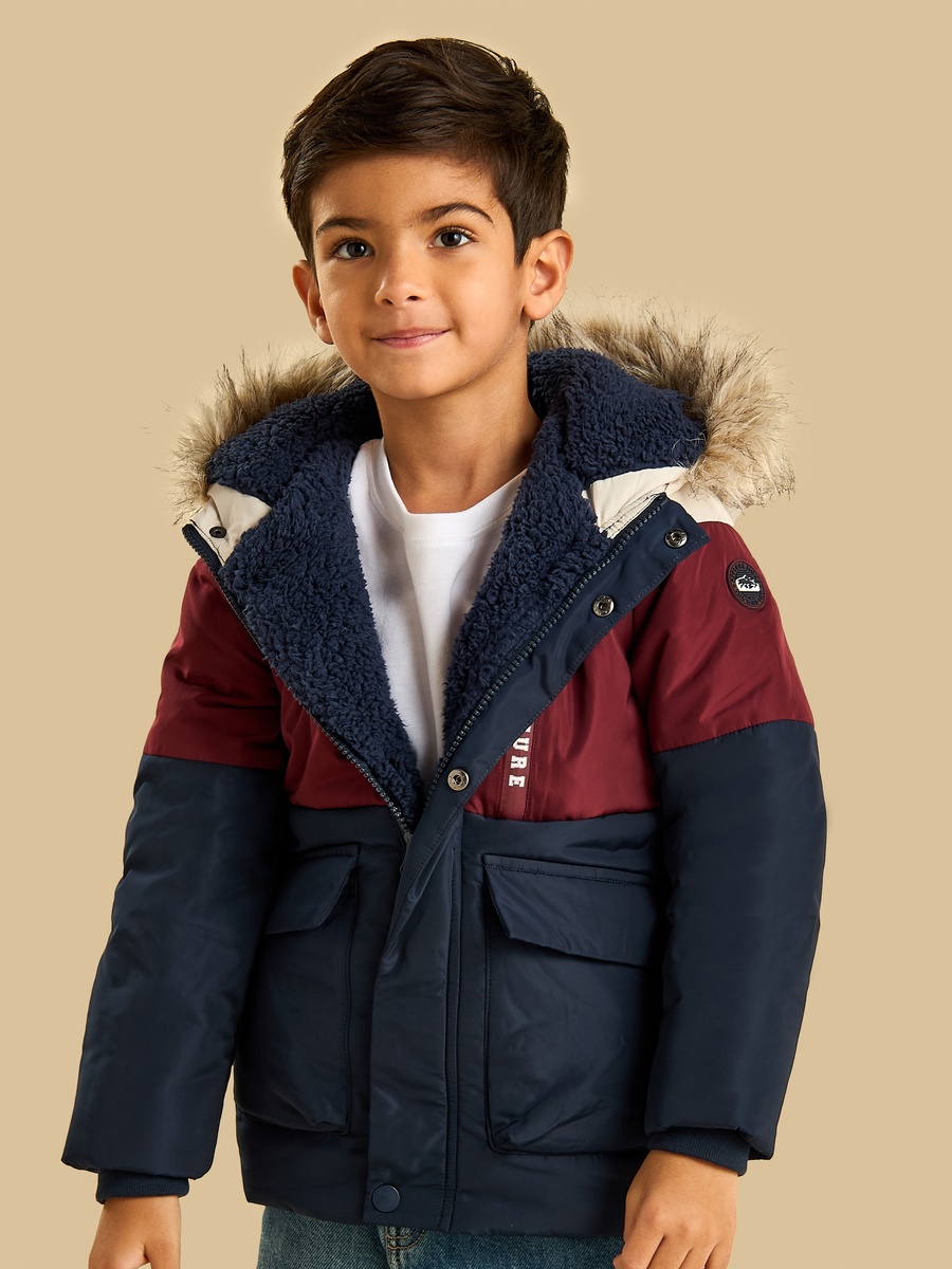 Colourblock Parka Jacket with Fleece Hood