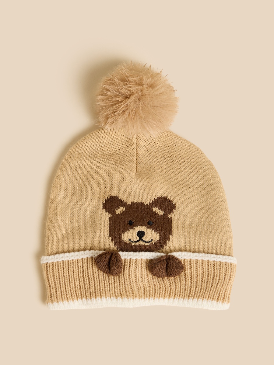 Bear Print Beanie Cap with Pom-Pom