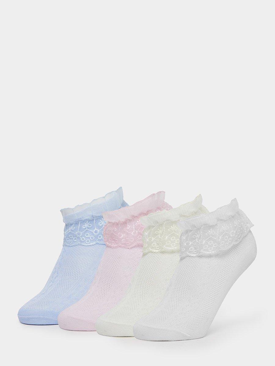 Pack of 4 - Girls Lace Trim Ankle Socks