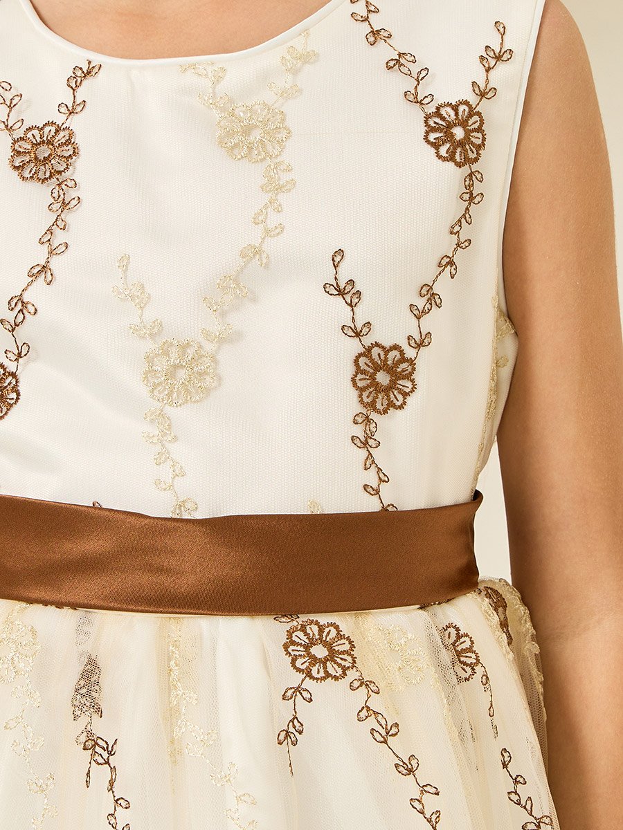 Girls White Embroidered Sleeveless Dress