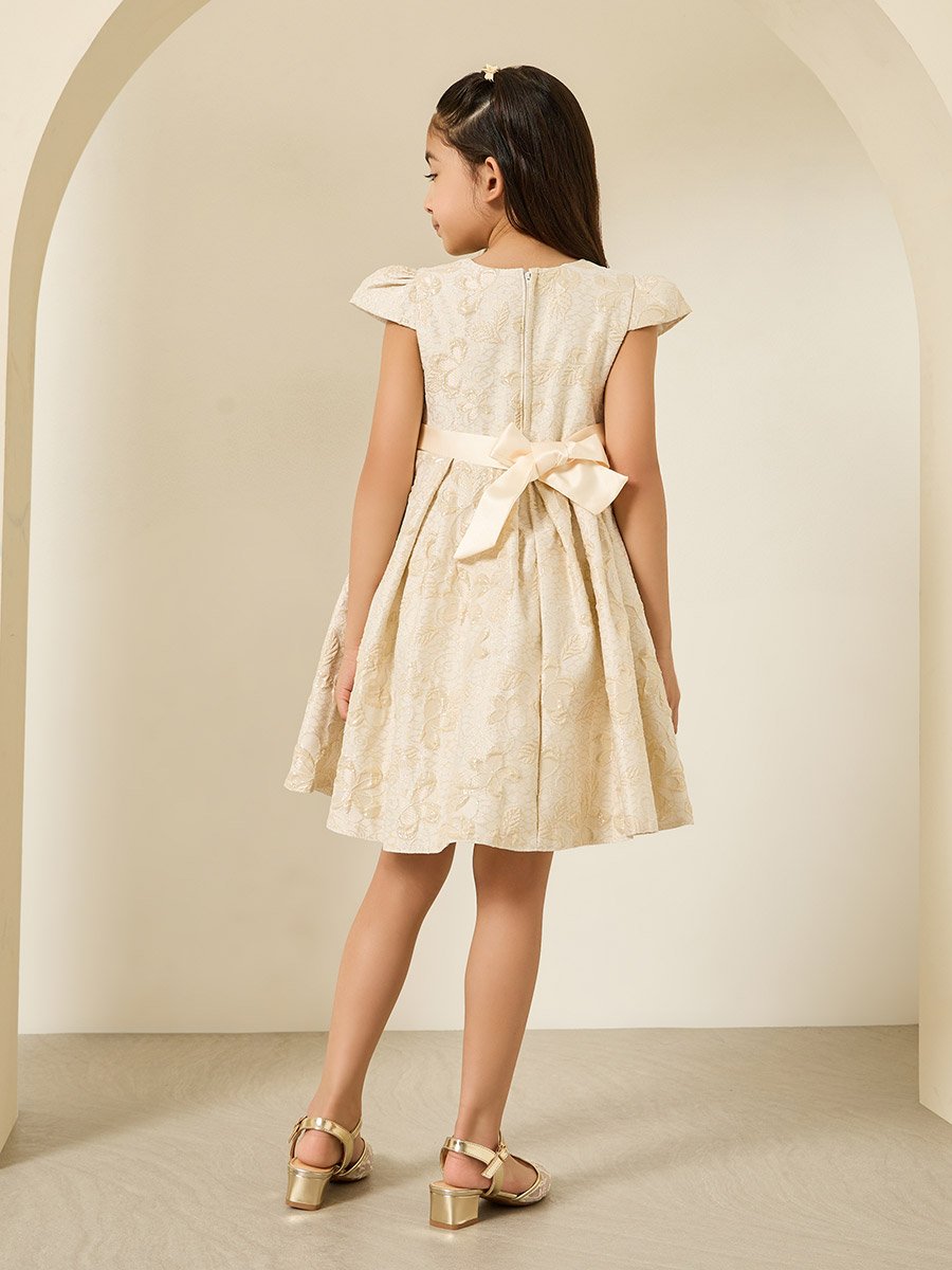 Girls Beige Jacquard Pleated Dress For Kids at Kuwait | Styli