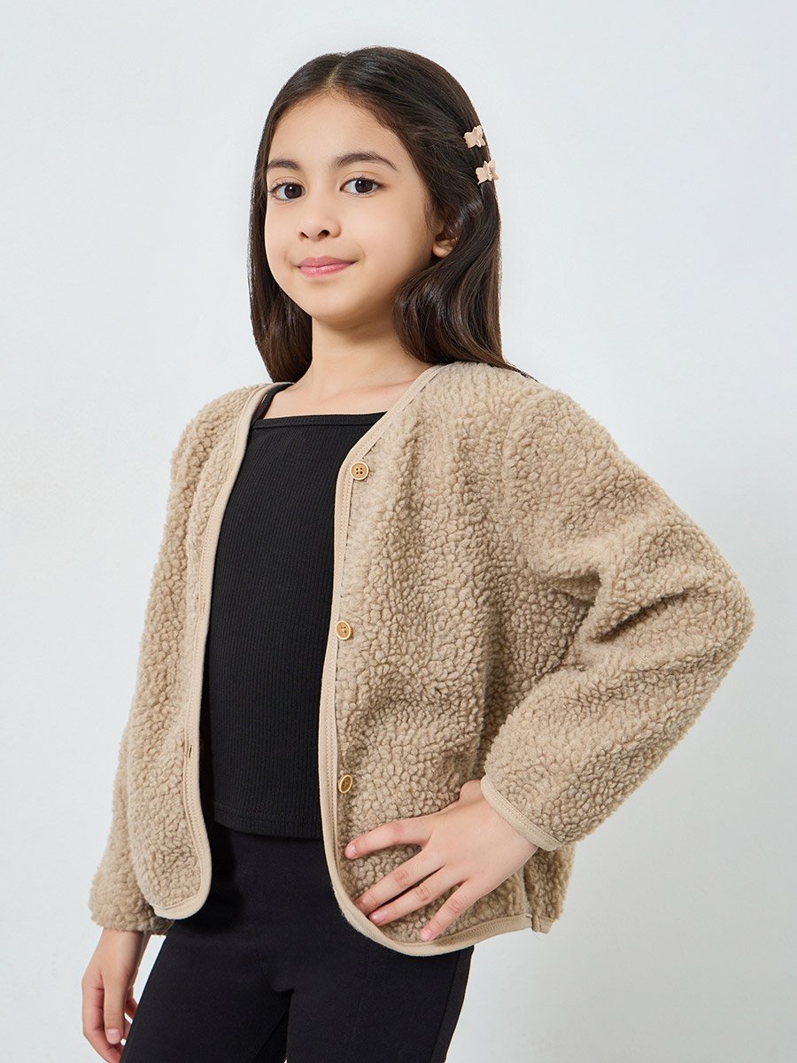 Girls Khaki Fleece Cardigan