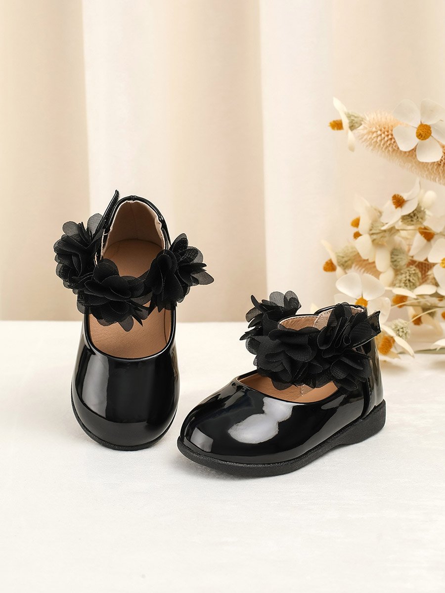 Girls Black Flower Flat Ballerina Shoes