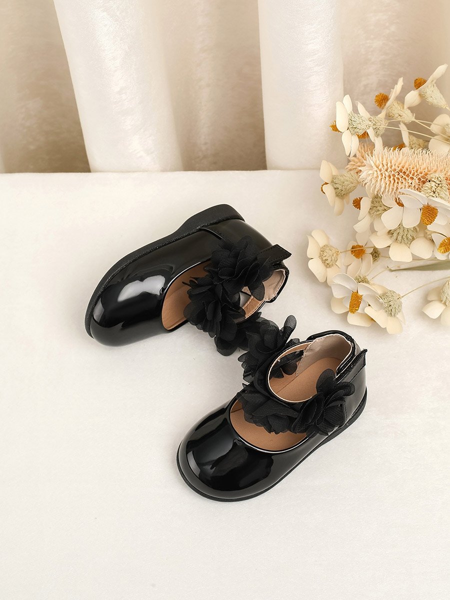 Girls Black Flower Flat Ballerina Shoes