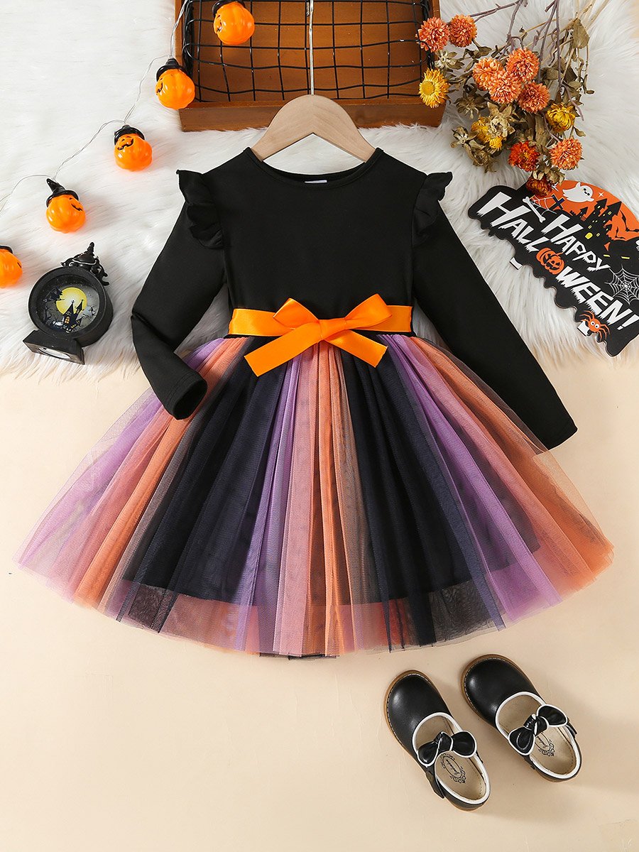 Girls Color Block Round Neck Mesh Hem Dress