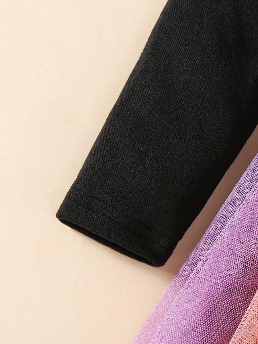 Girls Color Block Round Neck Mesh Hem Dress
