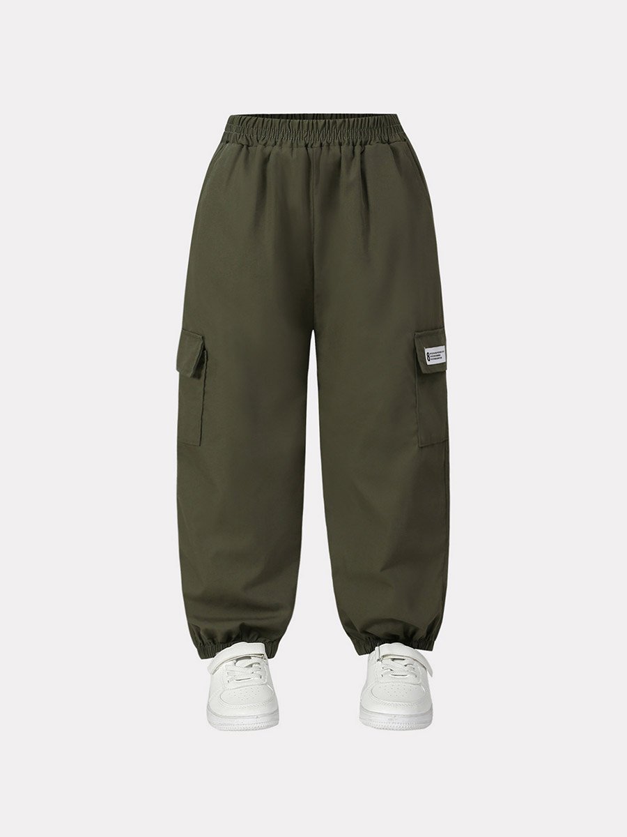 Girls Solid Elastic Waist Pocket Detail Pants