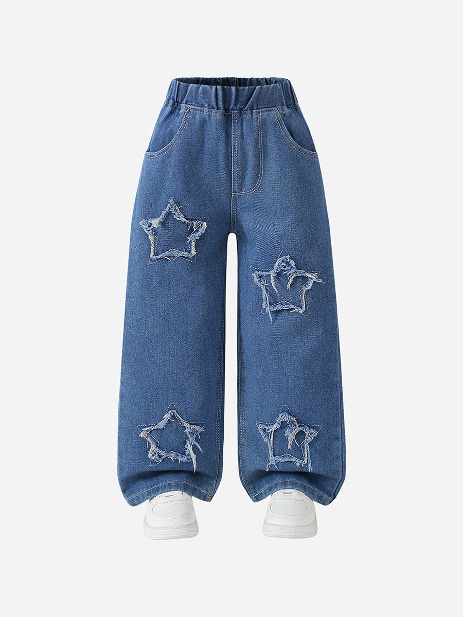 Girls Blue Star Patch Wide Leg Jeans