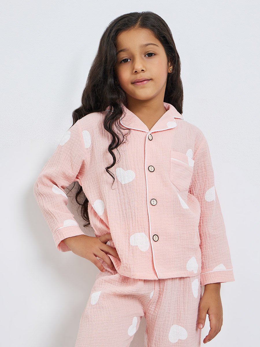 Girls Heart Print Shirt and Pyjama Set