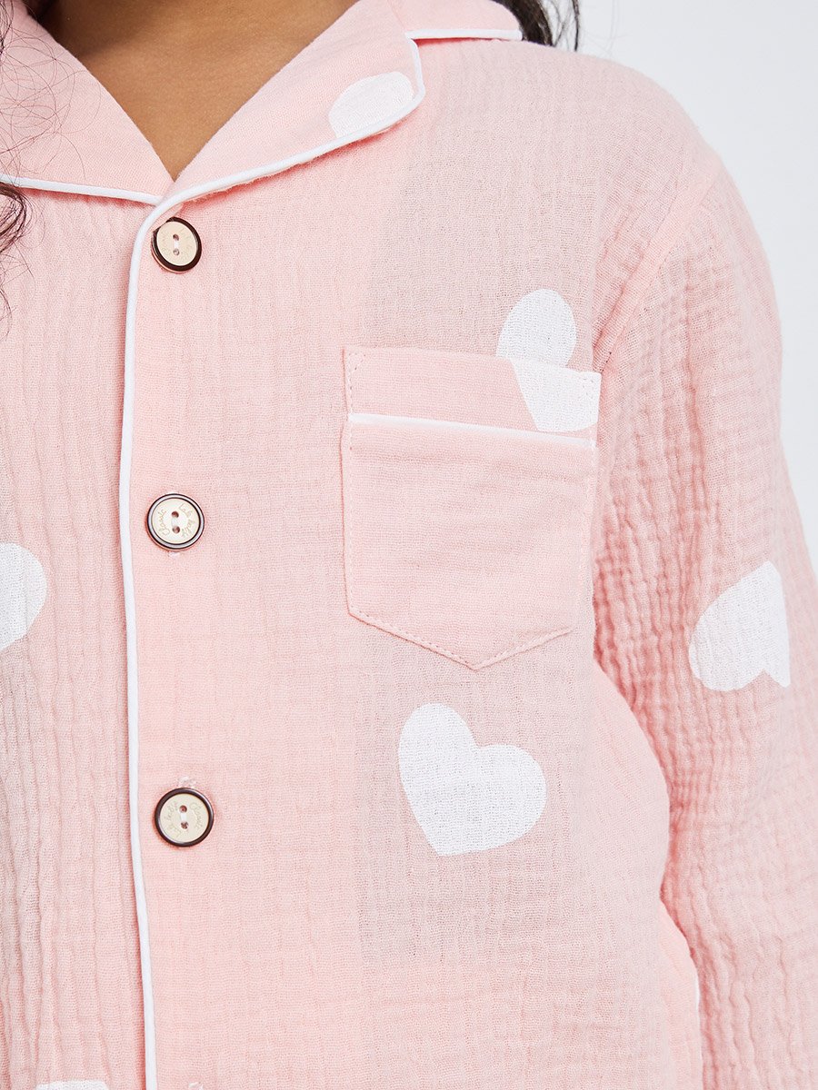 Girls Heart Print Shirt and Pyjama Set